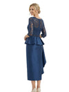 Chicsew Graceful Scalloped Lace 3/4 Sleeves Satin Mother Of The Bride Dress With Illusion Lace Bodice