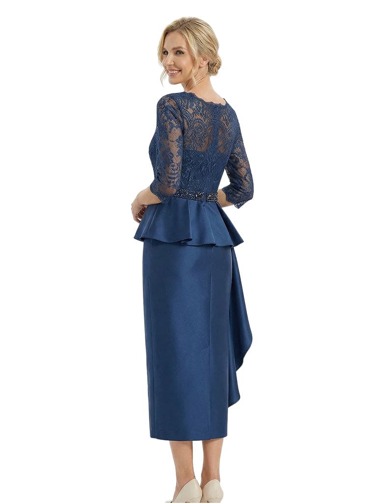 Chicsew Graceful Scalloped Lace 3/4 Sleeves Satin Mother Of The Bride Dress With Illusion Lace Bodice