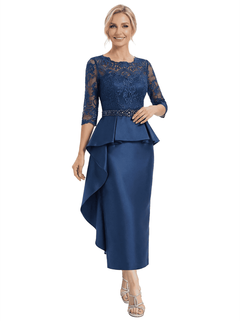 Chicsew Graceful Scalloped Lace 3/4 Sleeves Satin Mother Of The Bride Dress With Illusion Lace Bodice