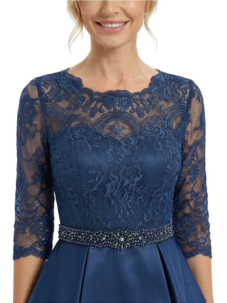 Chicsew Graceful Scalloped Lace 3/4 Sleeves Satin Mother Of The Bride Dress With Illusion Lace Bodice
