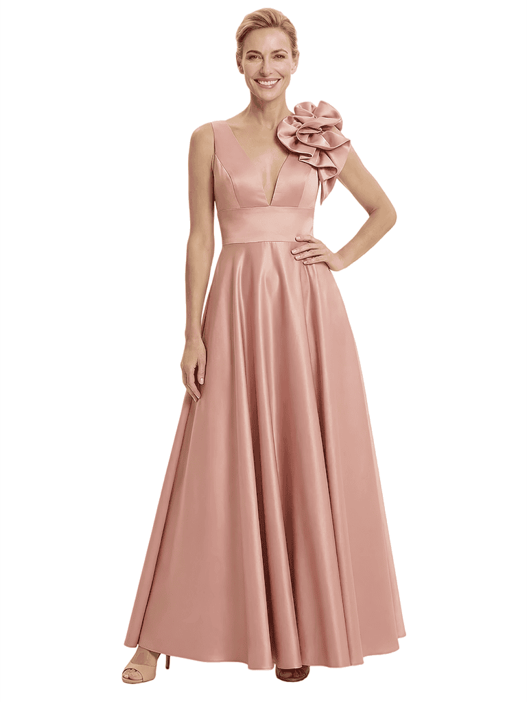 Elegant V-Neck Satin A-Line Mother Of The Bride Dress With Floral Detail