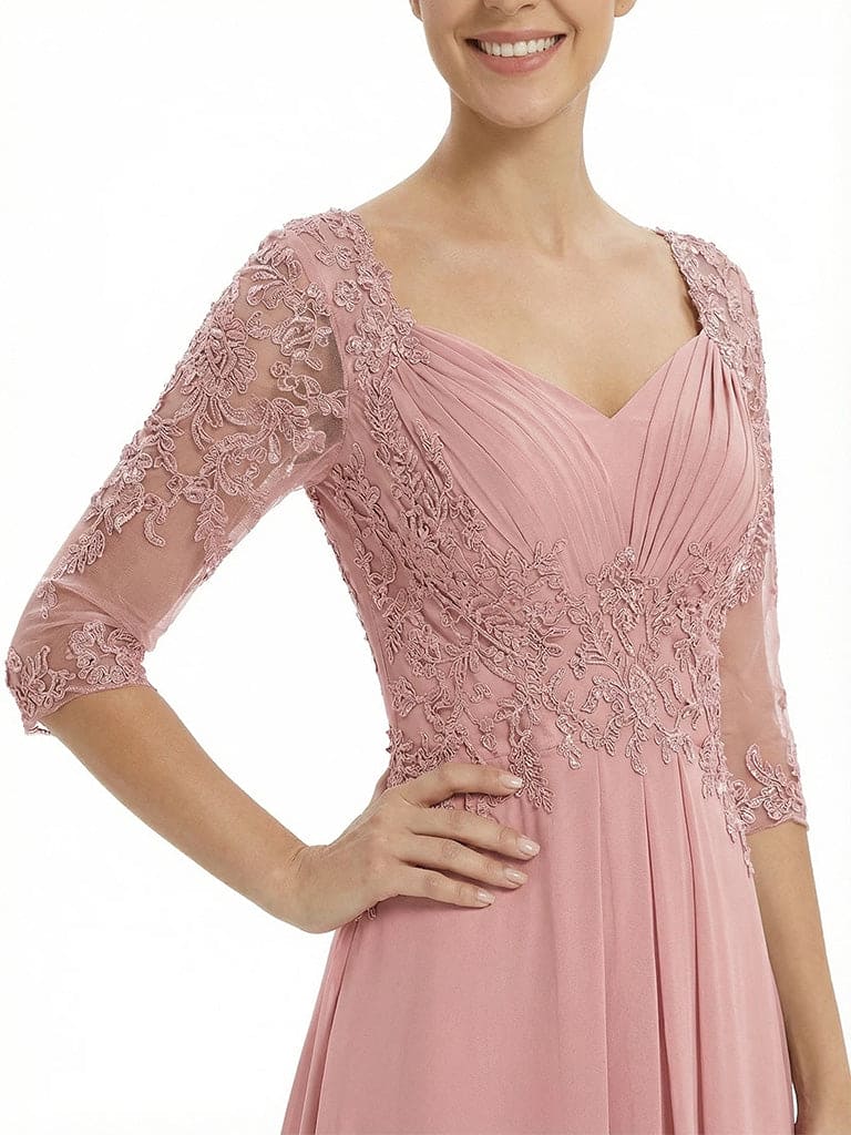 Chicsew Elegant V-Neck Lace Appliques High-Low A-Line Chiffon Mother of The Bride Dress