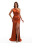 Sexy One Shoulder Mermaid Soft Satin Unique Long Bridesmaid Dresses Slit