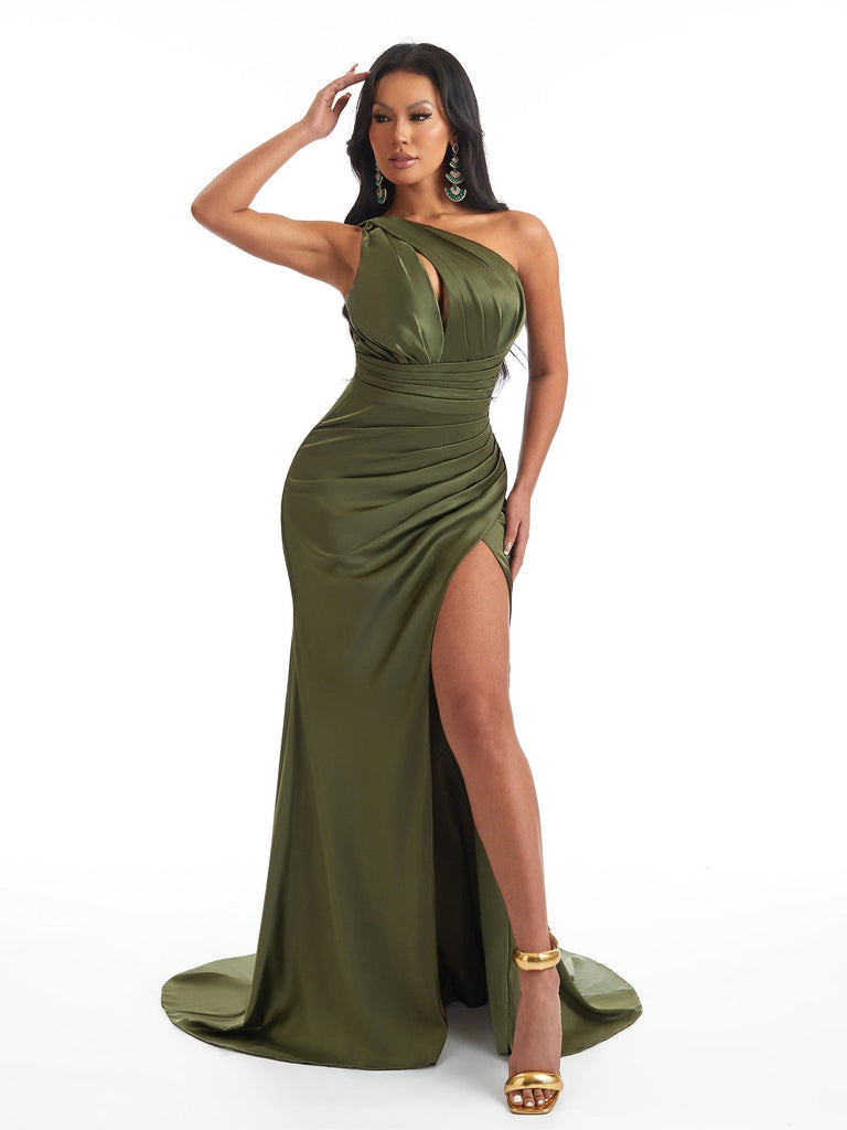 Sexy One Shoulder Mermaid Satin Ruched Long Bridesmaid Dresses Online Side Slit