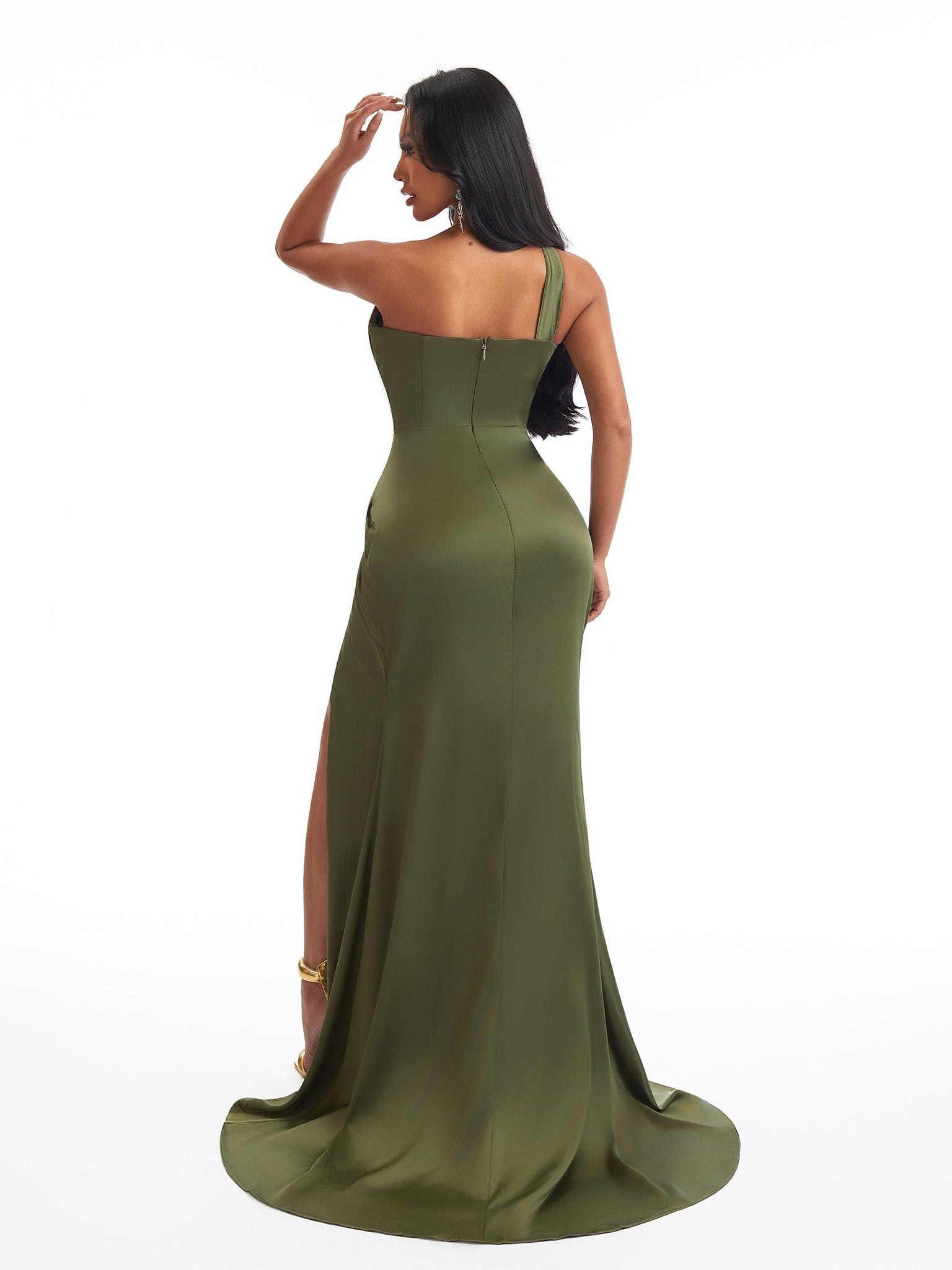 Sexy One Shoulder Mermaid Satin Ruched Long Bridesmaid Dresses Online Side Slit