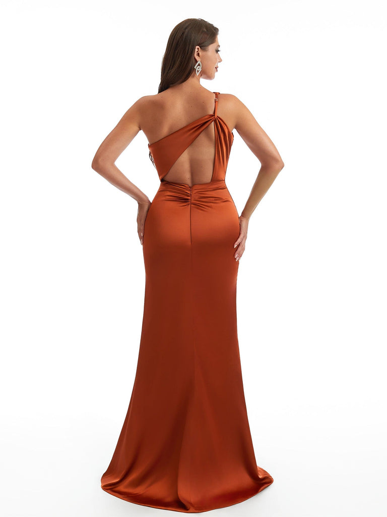 Sexy One Shoulder Mermaid Soft Satin Unique Long Bridesmaid Dresses Slit