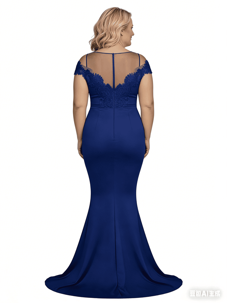 Elegant Mermaid Illusion Cap Sleeves Crepe Lace Long Mother of the Brides and Groom Dresses