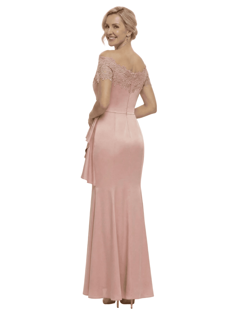 Glam Off Shoulder Short Sleeve Mother of The Groom Dress Fancy Mermaid Satin Maxi Gown with Lace Embellishments