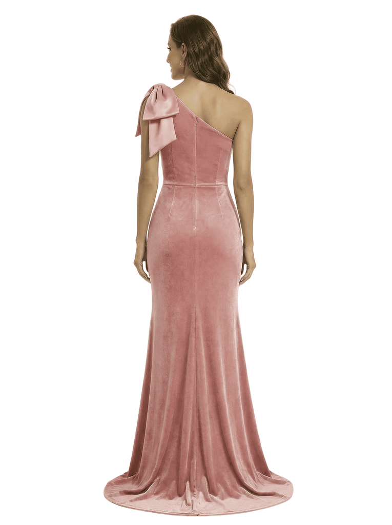 Glamorous One Shoulder Velvet Ruched Floor-Length Mother Of The Groom Dress With Bow Knot