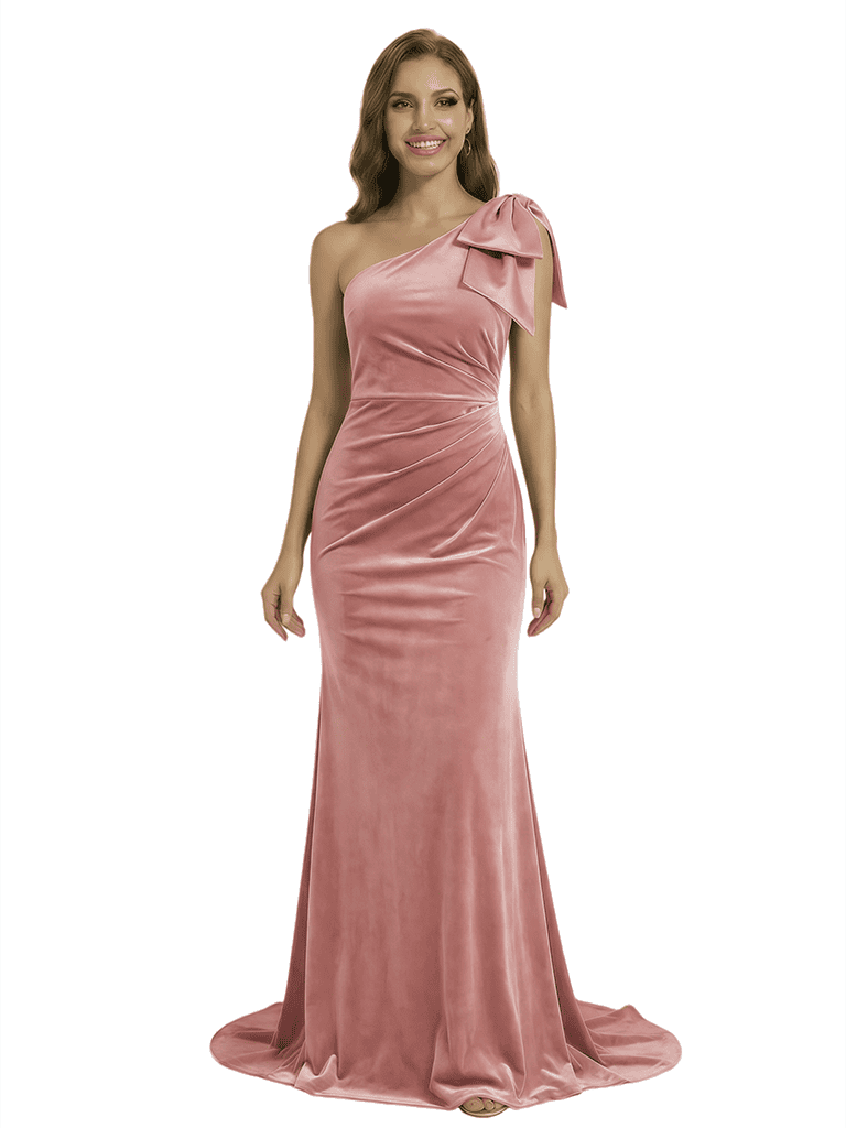 Glamorous One Shoulder Velvet Ruched Floor-Length Mother Of The Groom Dress With Bow Knot