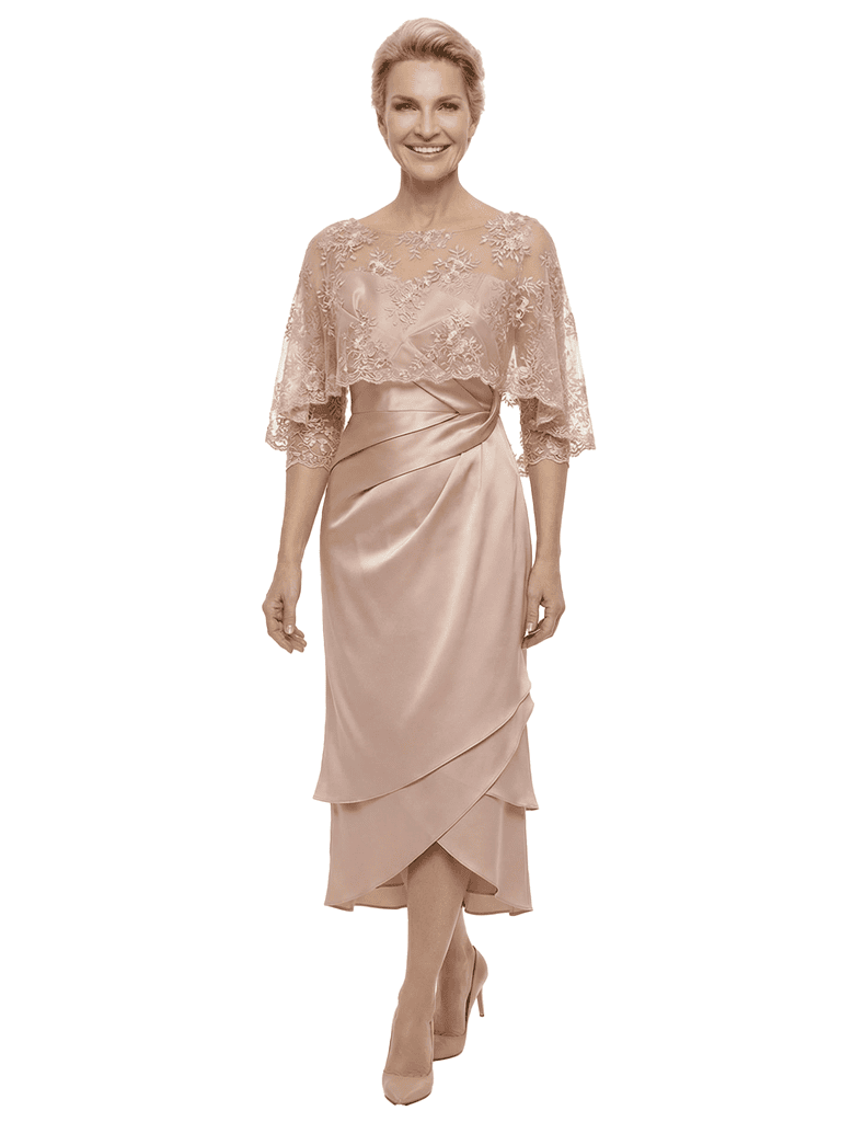 Chicsew Stylish Lace Appliques 3/4 Sleeves Satin Ruffles Mermaid Mother of The Bride Dresses