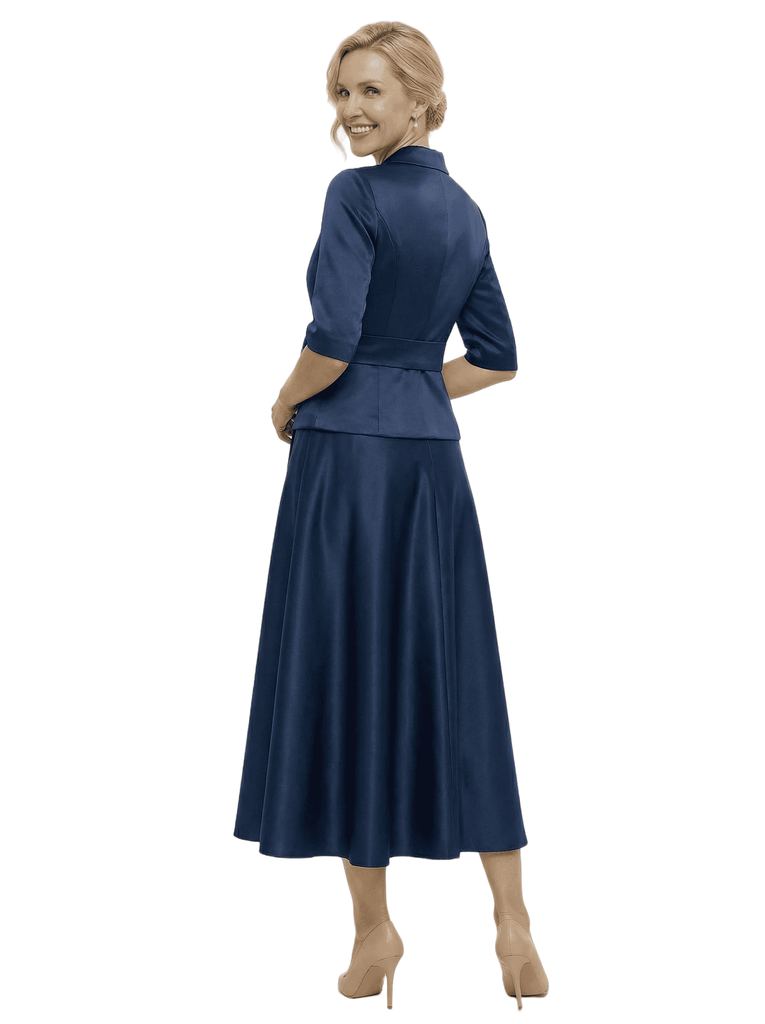 Unique Silky Satin Tea-Length Two Piece Mother Of The Bride Dress With Bow Knot