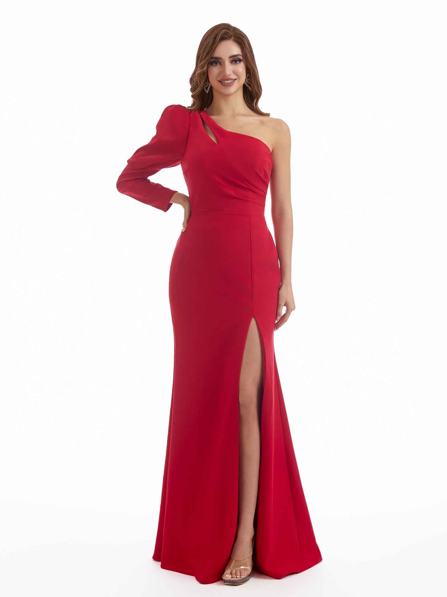 Stretch Crepe One Shoulder Long Sleeves Long Formal Bridesmaid Dresses UK With Slit