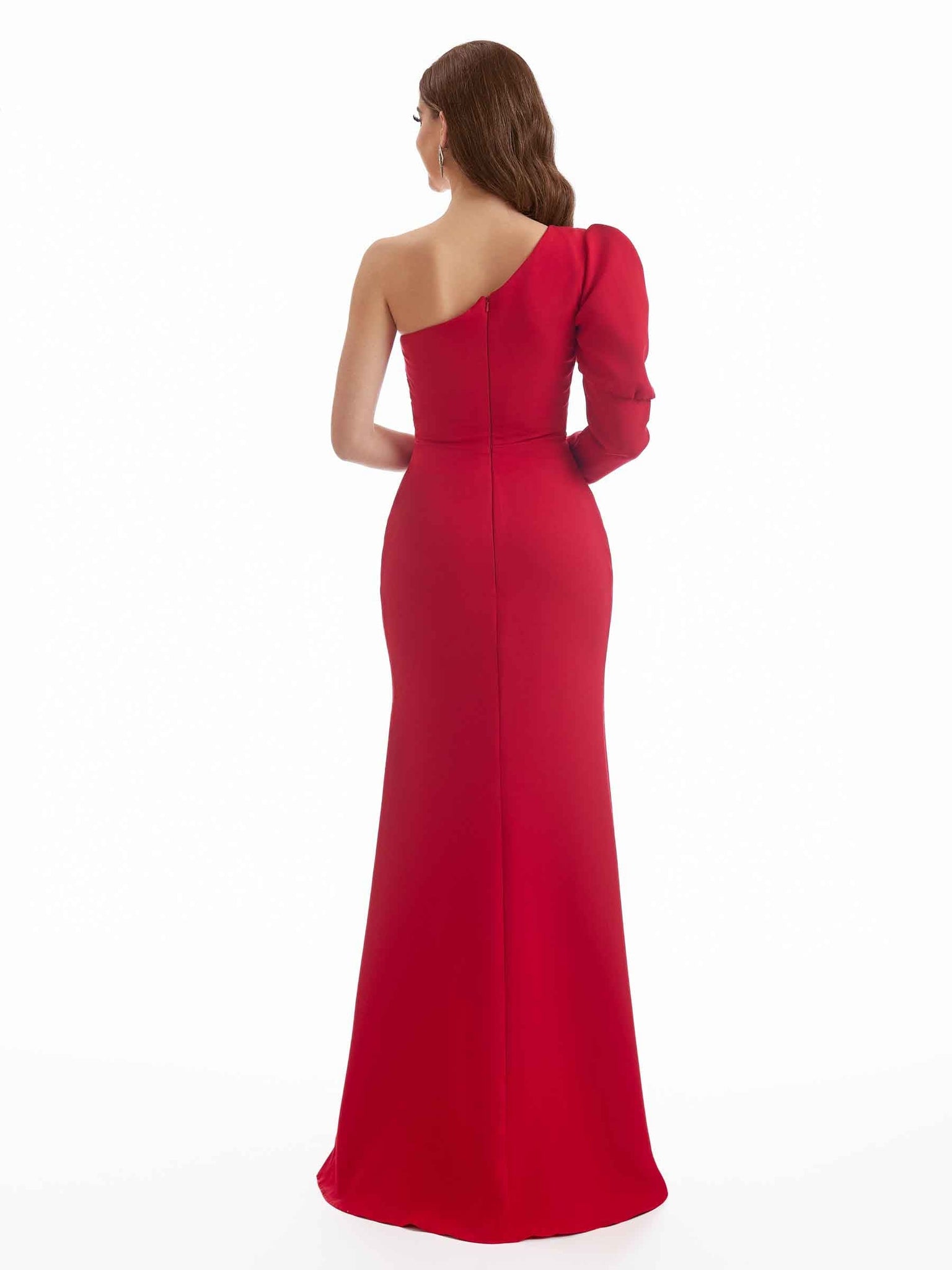 Stretch Crepe One Shoulder Long Sleeves Long Formal Bridesmaid Dresses UK With Slit