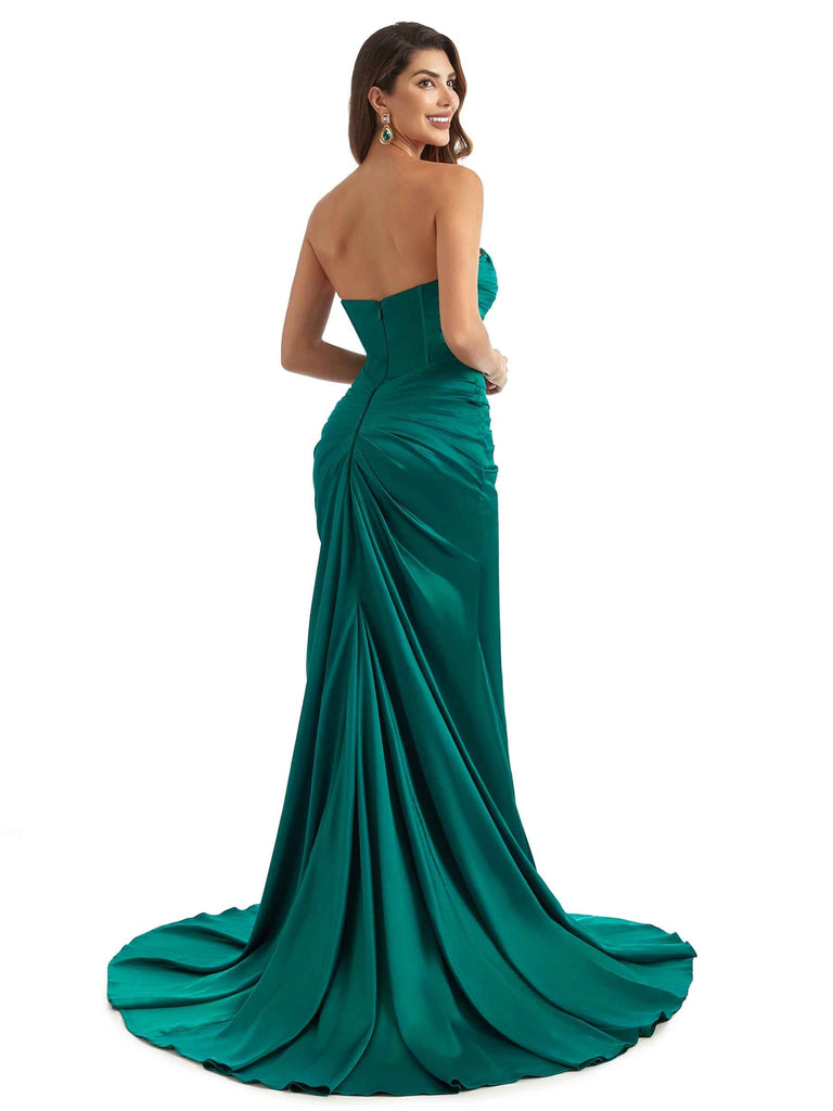 Sexy Side Slit Sweetheart Mermaid Stretchy Satin Classy Long Bridesmaid Dresses Online