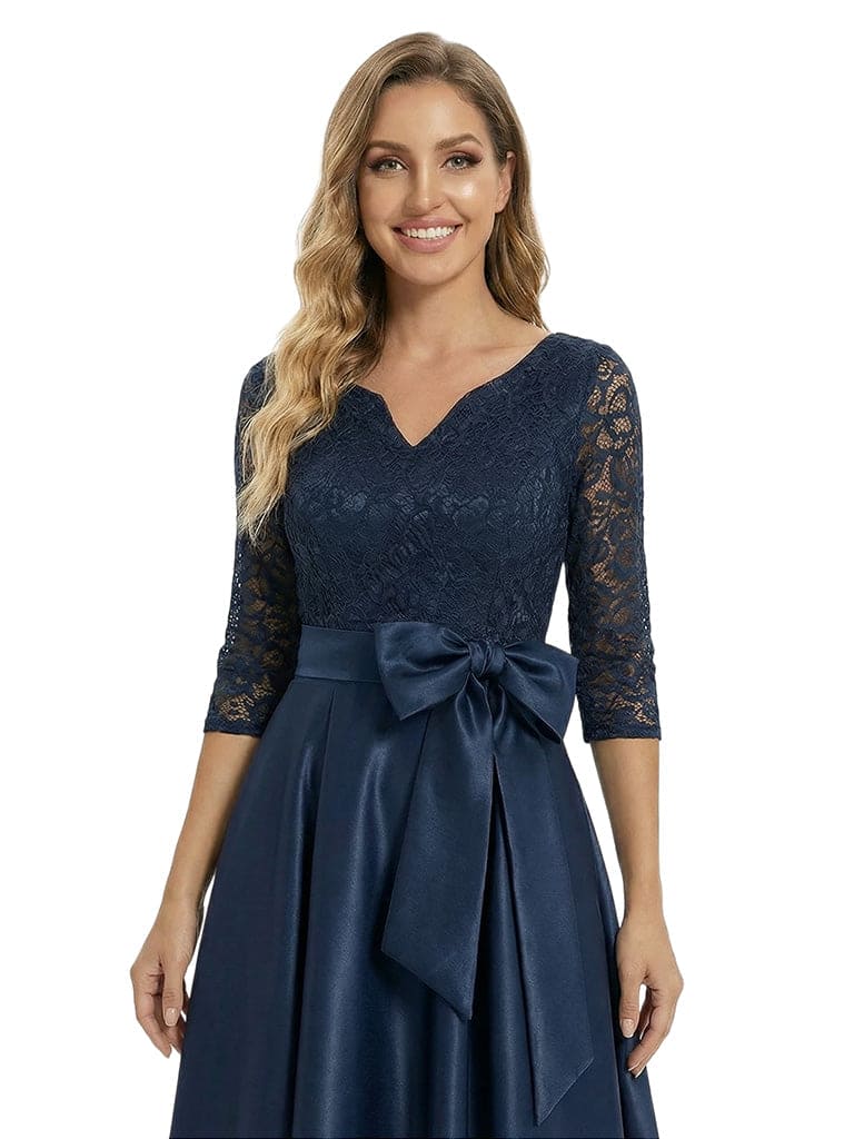 Chicsew Elegant Lace TOP 3/4 Sleeve Satin A-Line Mother of The Bride Dresses With Bow Knot