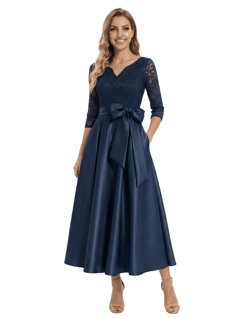 Chicsew Elegant Lace TOP 3/4 Sleeve Satin A-Line Mother of The Bride Dresses With Bow Knot