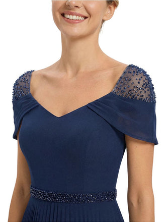 Chicsew Elegant V-Neck Cap Sleeve A-Line Chiffon Mother of The Bride Dress With Beaded Details