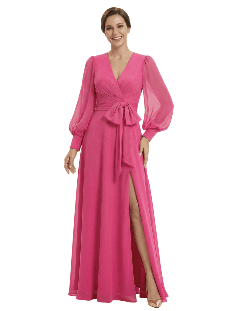 Classy V-Neck Long Sleeves A-Line Floor-Length Chiffon Mother Of The Bride Dress