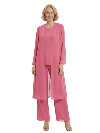 Fancy Scoop Neck 3-Piece Mother Of The Bride Pansuit With Long Chiffon Jacket