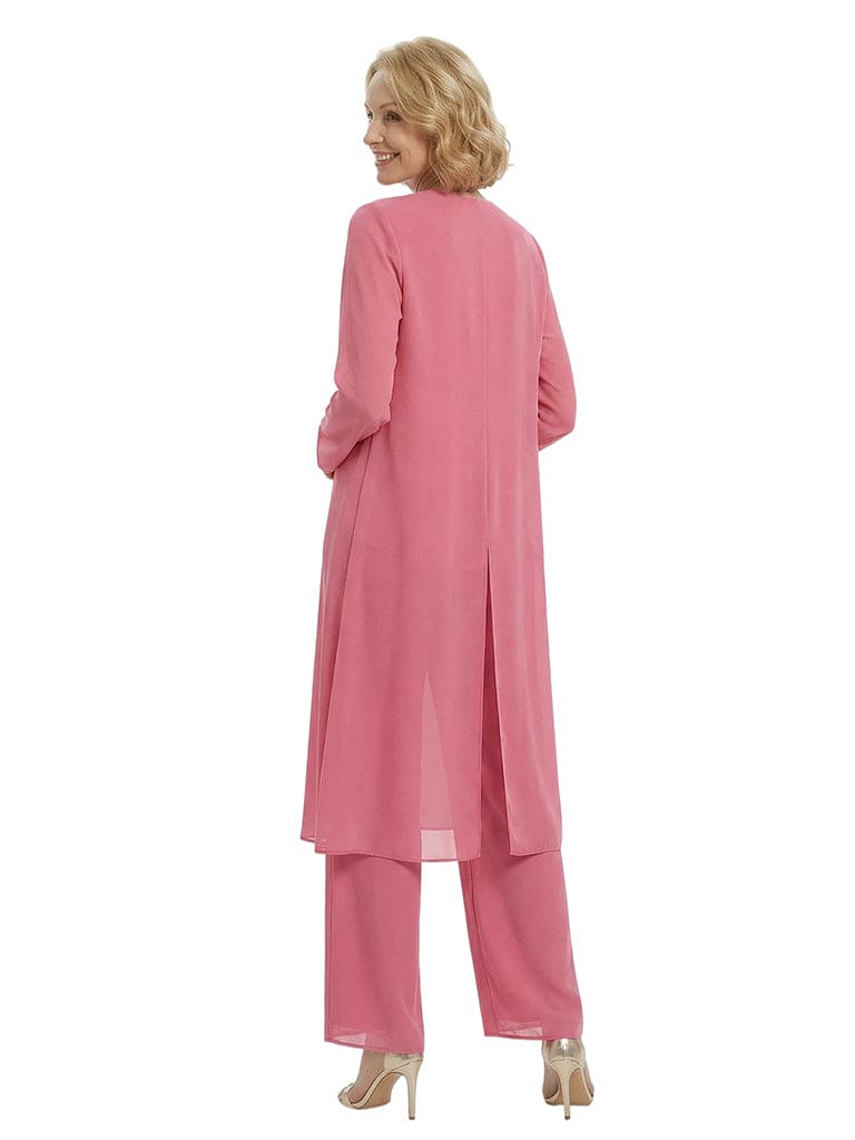 Fancy Scoop Neck 3-Piece Mother Of The Bride Pansuit With Long Chiffon Jacket