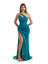 Sexy Side Split One Shoulder Mermaid Stretch Satin Long Bridesmaid Dress For Wedding