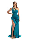 Sexy Side Split One Shoulder Mermaid Stretch Satin Long Bridesmaid Dress For Wedding