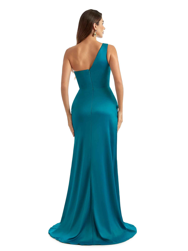 Sexy Side Split One Shoulder Mermaid Stretch Satin Long Bridesmaid Dress For Wedding