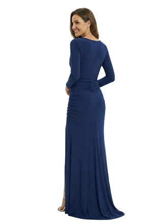 Sexy Jewel Long Sleeves Side Slit Mermaid Jersey Floor-Length Mother Of The Bride Dresses