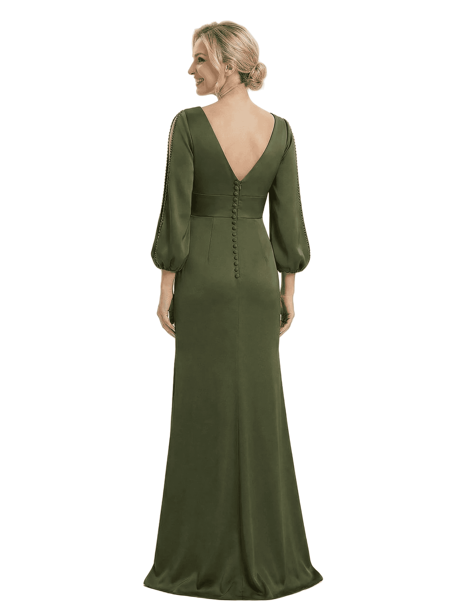 Elegant V-Neck Side Slit Lantern Sleeves Satin Mother Of The Bride Dress With Button