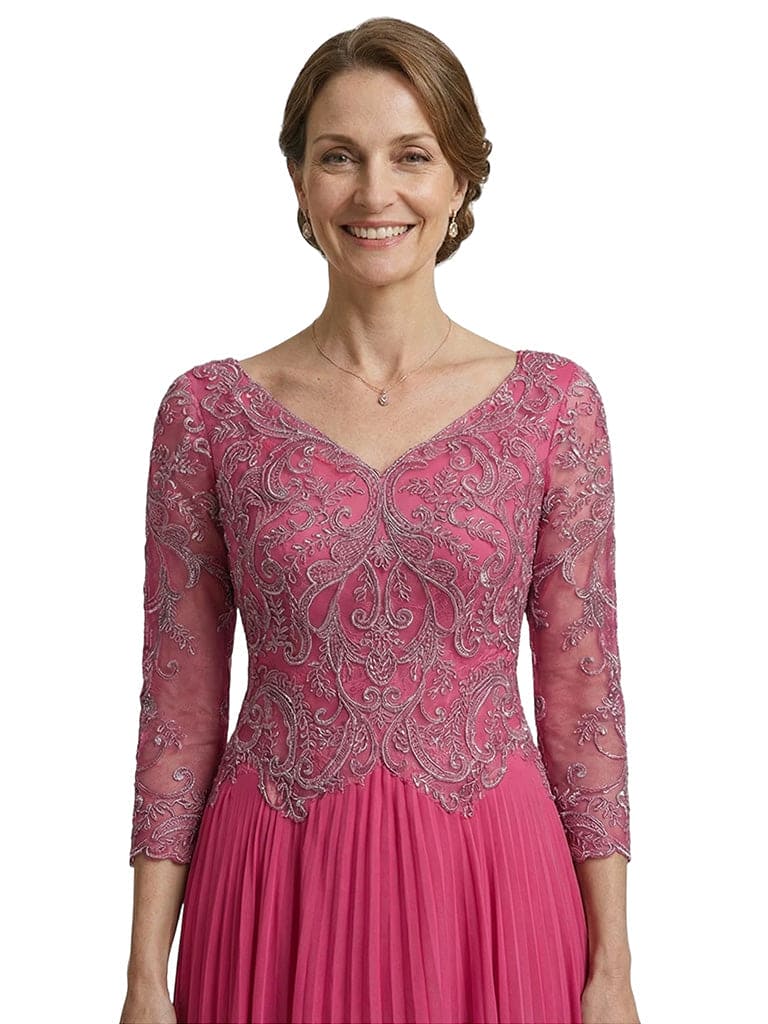 Chicsew Fancy Lace Appliques V-neck 3/4 Sleeves Ankle-Length Chiffon Mother of The Bride Gown