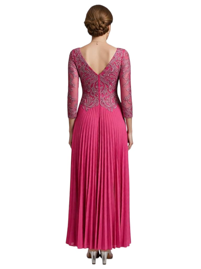 Chicsew Fancy Lace Appliques V-neck 3/4 Sleeves Ankle-Length Chiffon Mother of The Bride Gown