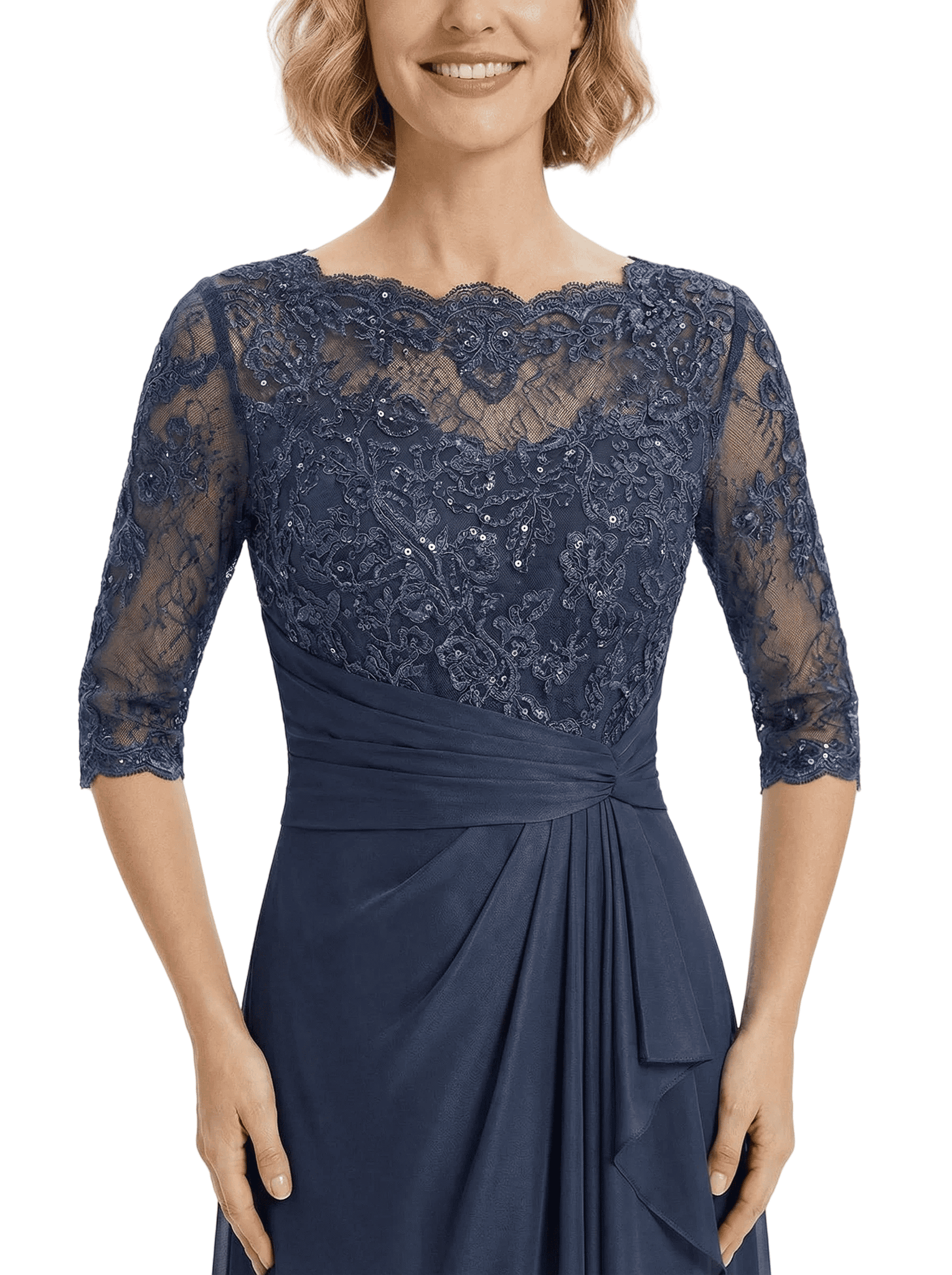 Chicsew Fancy Half Sleeves Lace Applique Chiffon A-Line Ruffle Midi Mother Of The Bride Gown