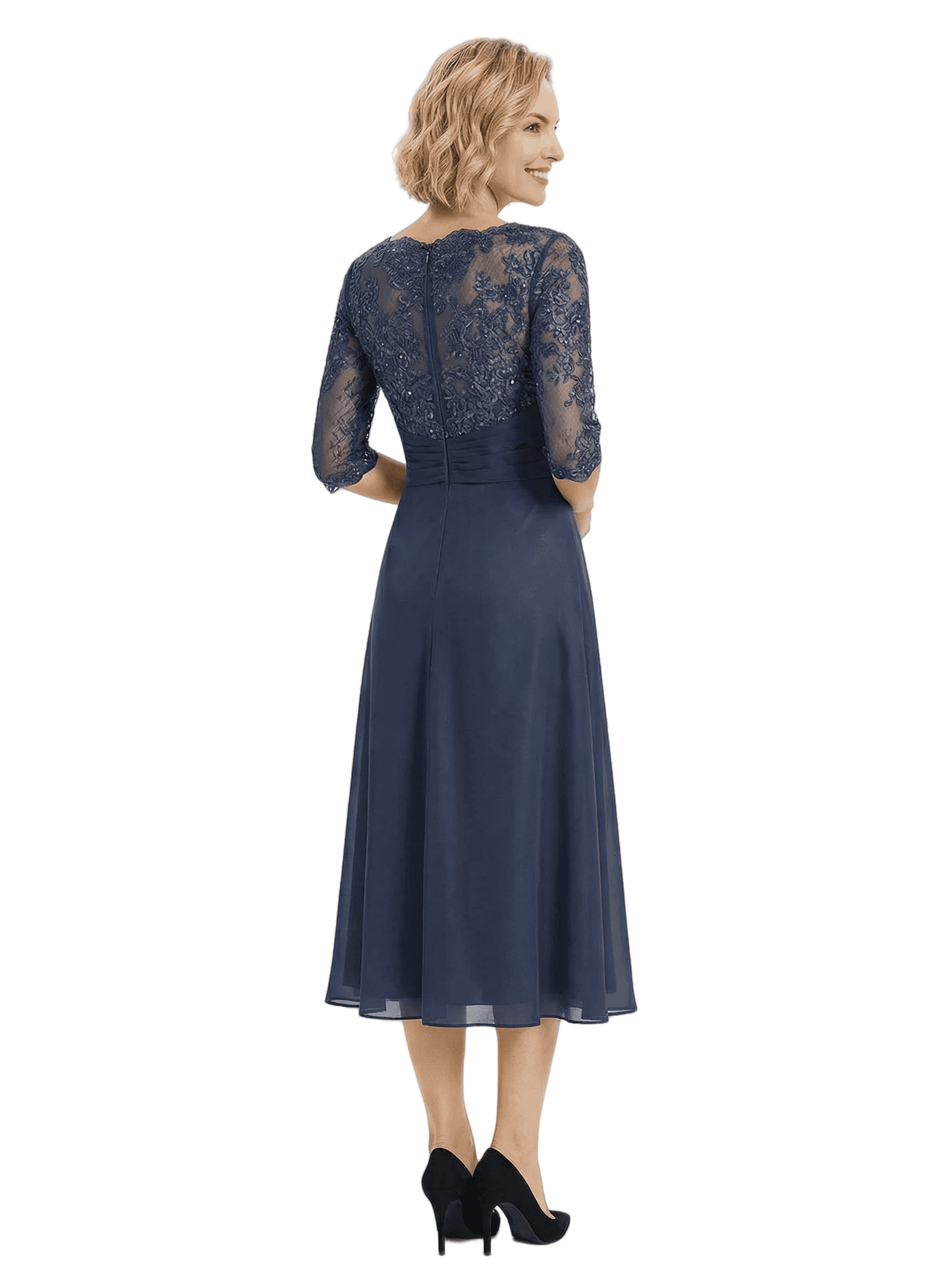 Chicsew Fancy Half Sleeves Lace Applique Chiffon A-Line Ruffle Midi Mother Of The Bride Gown