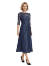 Chicsew Fancy Half Sleeves Lace Applique Chiffon A-Line Ruffle Midi Mother Of The Bride Gown