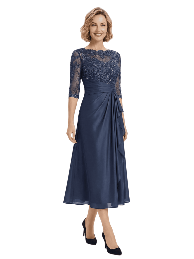 Chicsew Fancy Half Sleeves Lace Applique Chiffon A-Line Ruffle Midi Mother Of The Bride Gown