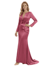 Sexy V-Neck Mermaid Floral Mother Of The Groom Dress Long Sleeves Silky Satin Gown
