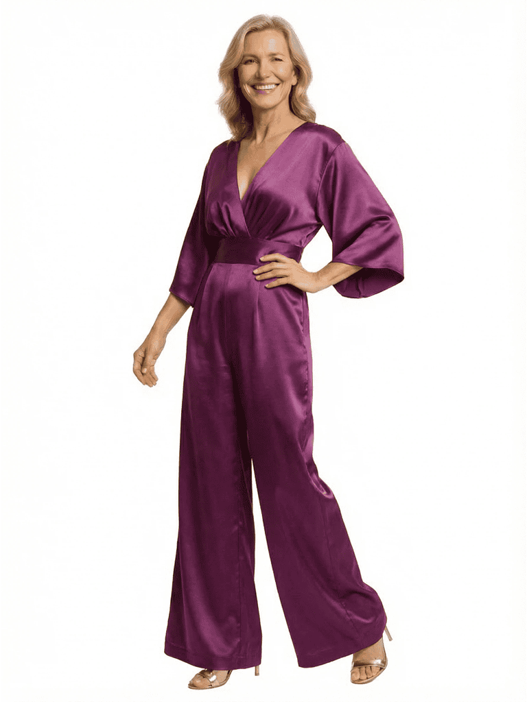 Chicsew Vintage V-Neck 3/4 Sleeves Satin Floor Length Mother of The Bride Jumpsuit