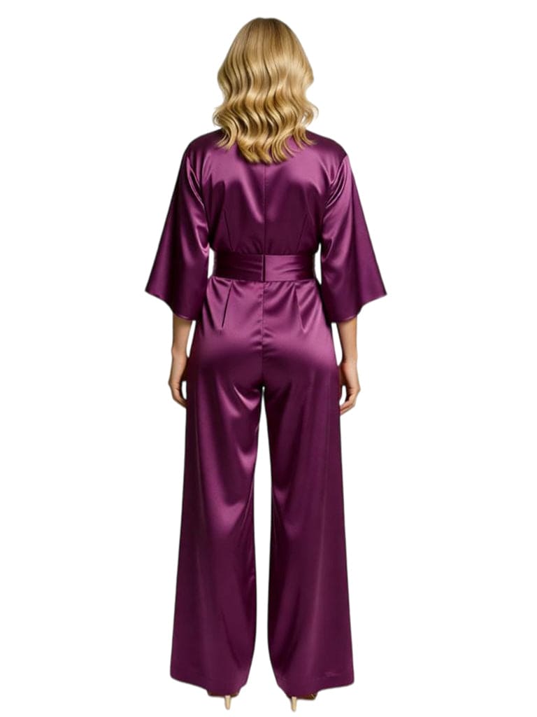 Chicsew Vintage V-Neck 3/4 Sleeves Satin Floor Length Mother of The Bride Jumpsuit