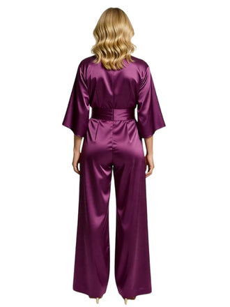 Chicsew Vintage V-Neck 3/4 Sleeves Satin Floor Length Mother of The Bride Jumpsuit