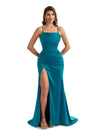 Sexy Side Split Spaghetti Straps Mermaid Satin Modern Long Bridesmaid Gowns Online