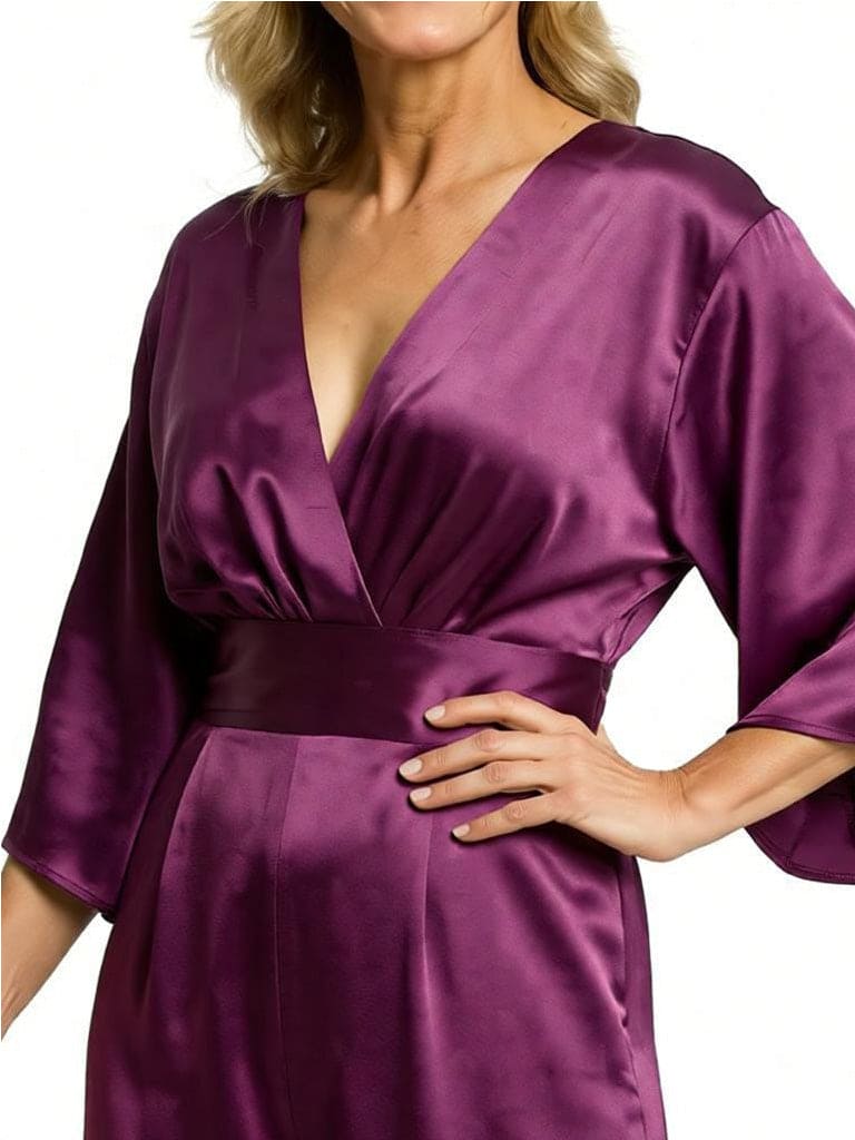 Chicsew Vintage V-Neck 3/4 Sleeves Satin Floor Length Mother of The Bride Jumpsuit