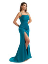 Sexy Side Split Spaghetti Straps Mermaid Satin Modern Long Bridesmaid Gowns Online