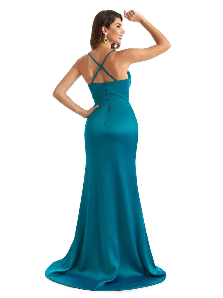 Sexy Side Split Spaghetti Straps Mermaid Satin Modern Long Bridesmaid Gowns Online