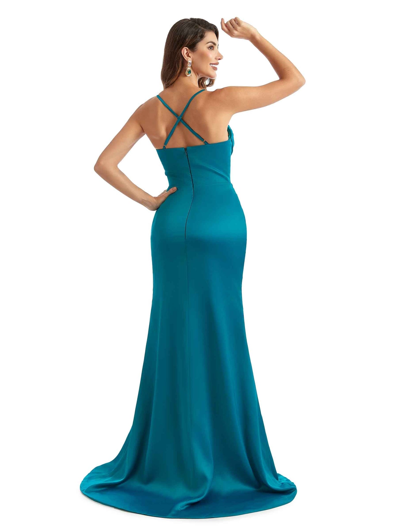 Sexy Side Split Spaghetti Straps Mermaid Satin Formal Long Bridesmaid Gowns Online