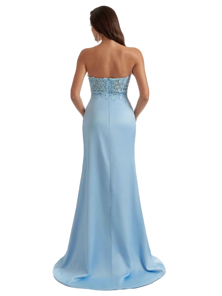 Gorgeous Strapless Sweetheart Lace Mermaid Satin Long Bridesmaid Dresses Side Slit