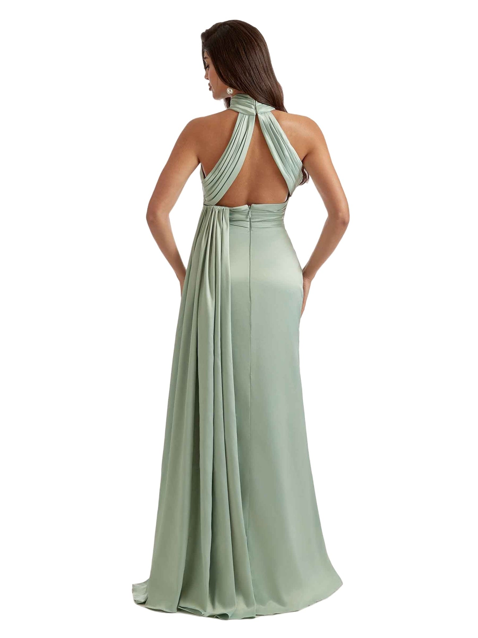 Elegant Mermaid Halter Soft Satin Long Bridesmaid Dresses Slit For Wedding