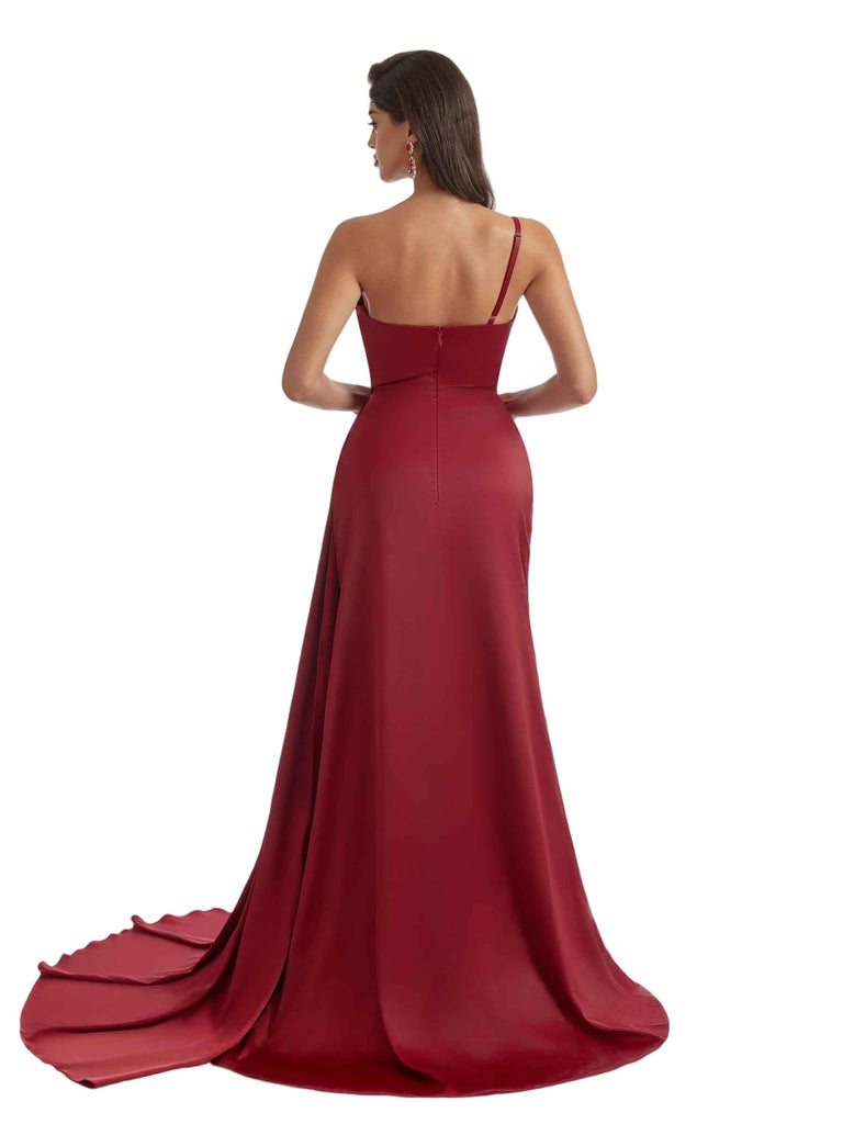 Sexy One Shoulder Mermaid Side Slit Soft Satin Unique Long Bridesmaid Dresses Online