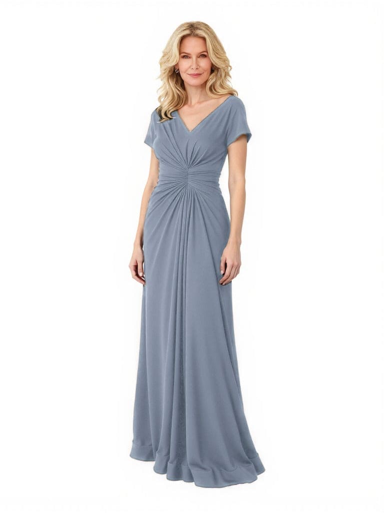 Elegant Chiffon Short Sleeves V-Neck A-Line Ruched Long Mother of The Bride Dresses