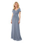 Elegant Chiffon Short Sleeves V-Neck A-Line Ruched Long Mother of The Bride Dresses